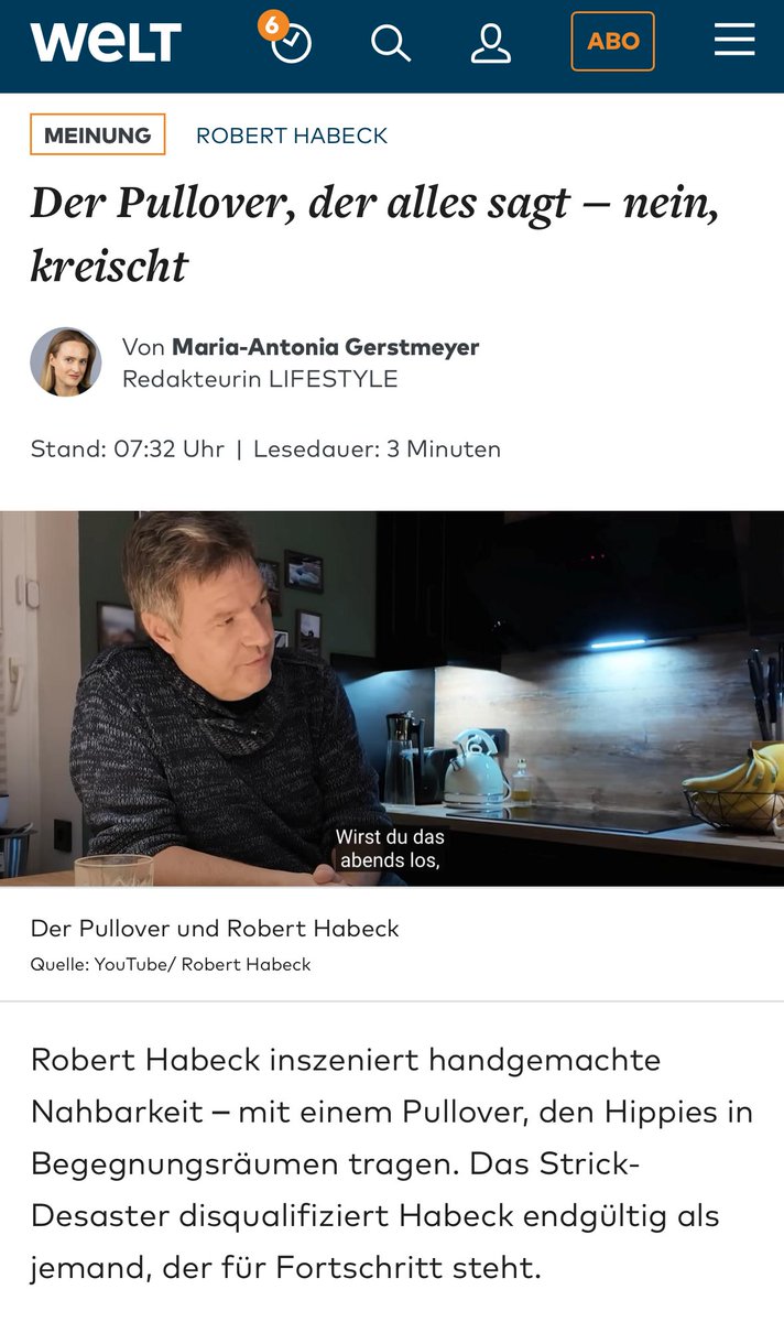 Wenn man jemanden inhaltlich nicht stellen kann, urteilt man jetzt anhand von Kleidung über Fortschritt?! Die Welt schreibt über Habecks Pullover und schließt daraus, er stehe nicht für Fortschritt. Ernsthaft?