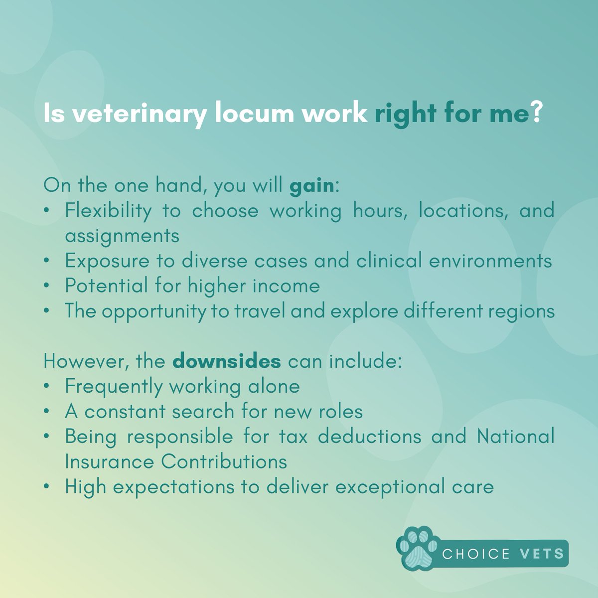 choicevets_'s tweet photo. Becoming a #locumvet is an alternative path that offers flexibility, diverse experiences, and a unique lifestyle!

Read our infographic to find out what a #locum vet is and how we can help you start this exciting career path.

#locumvets #vetjobs #vets #veterinary #recruitment https://t.co/hgBcuFwlZh