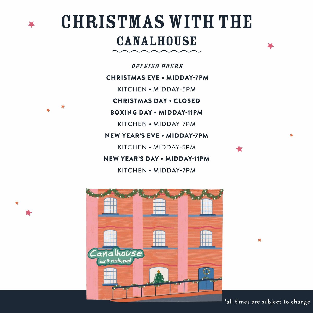 Only 5 days to go 👀🎄 

Want to visit during the holiday period? Here’s our festive opening hours to help you plan! Please note that these may be adjusted – we’ll let you know of any changes as soon as we can 🎅🏼 

Christmas in a pub with a canalboat? Count us in!