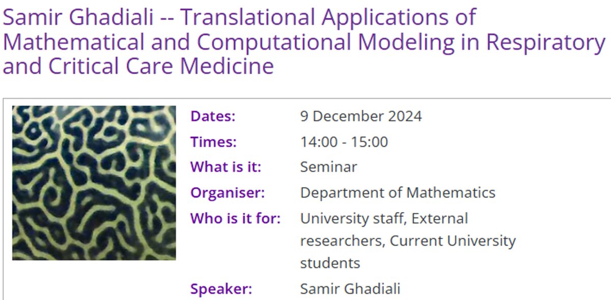 BIOREME Network (@bioremenet) on Twitter photo Join this webinar with Prof Samir Ghadiali hosted by <a href="/DrCAWhitfield/">Carl Whitfield</a>
"Translational Applications of Mathematical and Computational Modeling in Respiratory and Critical Care Medicine"
When: 9th Dec 2025
Register here: bit.ly/3B2Iwi3 Join this webinar with Prof Samir Ghadiali hosted by <a href="/DrCAWhitfield/">Carl Whitfield</a>
"Translational Applications of Mathematical and Computational Modeling in Respiratory and Critical Care Medicine"
When: 9th Dec 2025
Register here: bit.ly/3B2Iwi3