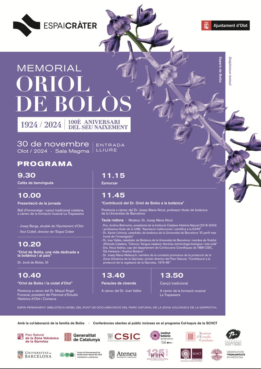 🪻Dissabte homenatgem Oriol de Bolòs!

🌱Celebrarem el centè aniversari del naixement del científic vinculat a la ciutat d’Olot amb xerrades, taules rodones i un concert per commemorar la seva figura.

📅 Dissabte 29/11
⏰ 9.30 h
📍Sala Magma
🎟️ Lliure

👉 bit.ly/3YRd6mu