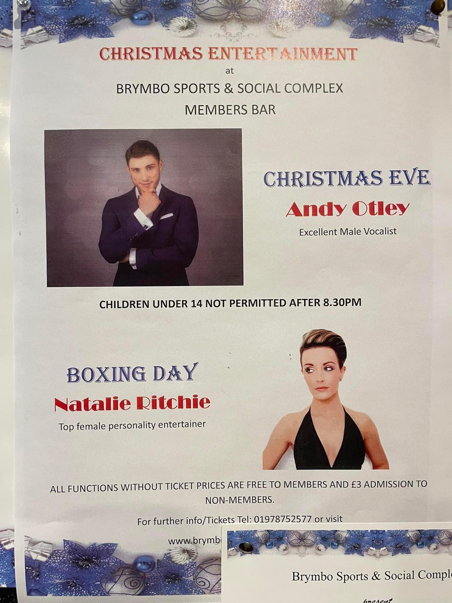 Christmas Eve Night we have the fabulous Andy Otley joining us for a night of entertainment 🎵

Boxing Day following a full day of sport ⚽️ 🐎we have the lovely Natalie Richie with us to finish off a perfect Christmas before we head into the New Year 🎉🎉