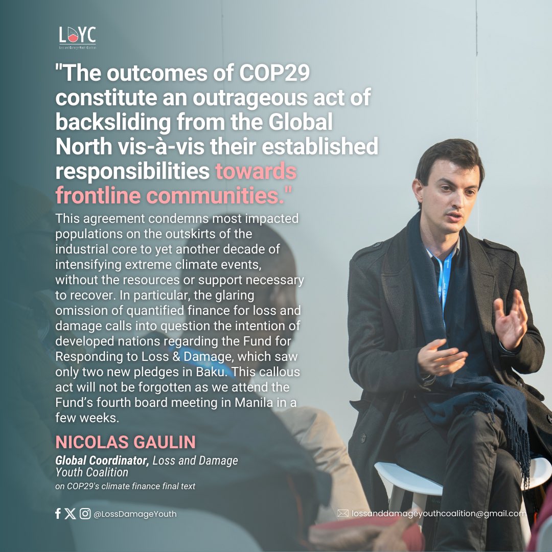 "#COP29Azerbaijan’s outcome on #ClimateFinance is a devastating betrayal of frontline communities.  

As vulnerable nations lose homes, lives, and futures, developed countries mask inaction as progress.

#LossAndDamageFinanceNow!  #ClimateJustice"