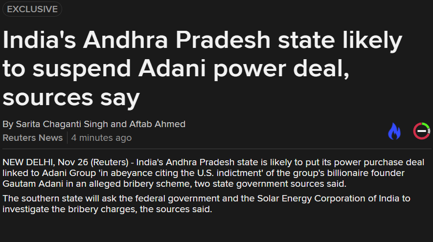 adityakalra's tweet photo. Breaking @Reuters: India's Andhra state likely to suspend Adani power deal, sources say, hours after the finance minister said was mulling next steps, including if the deal can be scrapped. Will mark the first major state move, if done @aftabahmed00 @ChagantiSingh https://t.co/2peNzNYhTL