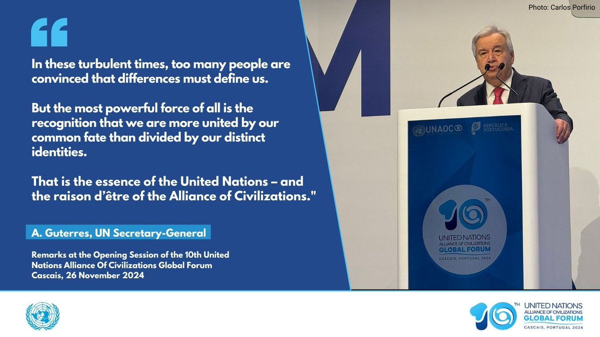 🇵🇹 Portugal hosts the 10th UN Alliance of Civilizations #UNAOC Global Forum 🌍. Leaders, young changemakers &amp; experts gather in Cascais to mark 20 years of dialogue for humanity. #CascaisForum
📺 Live: bit.ly/3AWaA6M 
ℹ️ Info: cascais.unaoc.org