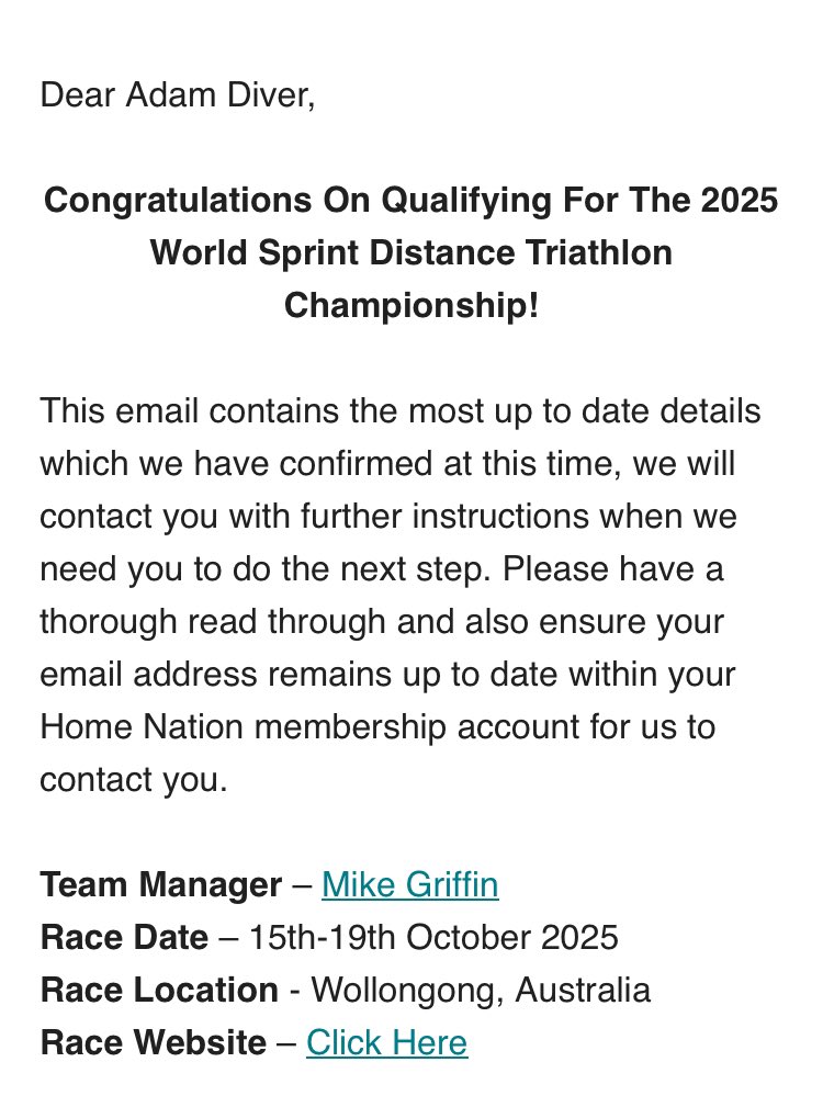Some great news! I have just qualified for the World Championships in Triathlon next year - Australia. 

Also include AquaBike - it’s going to be a busy training schedule.

🇬🇧💙