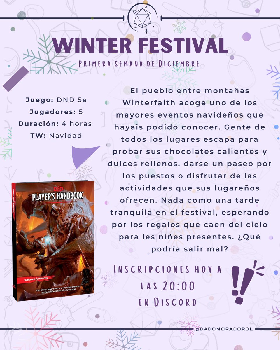 Mariah Carey ya está cantando de fondo, y Dado Morado no se queda atrás: ¡entramos oficialmente en modo Navidad! 🎲❄️ ¿Estáis listes para una partida de rol llena de magia festiva? Abrimos inscripciones HOY a las 20:00 en nuestro Discord. ¡No os lo perdáis! 🙌🎅🎁