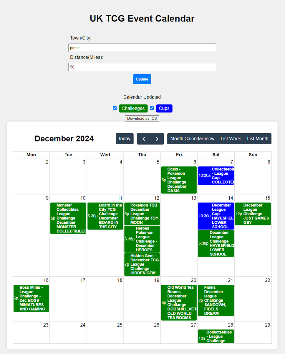 lewymd's tweet image. For anyone after an easy way to view local challenges/cups you can use my calendar/list view.

You can filter based on distance from a location and event type, also you can download an ICS to add events to your calendar

TCG : lewymd.com/TCGUKEvents/
VGC : lewymd.com/VGCUKEvents/