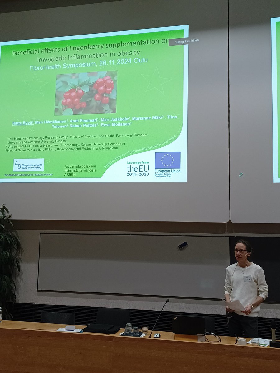 Continuing the symposium after lunch break. Riitta Ryyti from @TampereUni discussing very interesting topic, lingonberry supplementation against obesity-induced obesity
