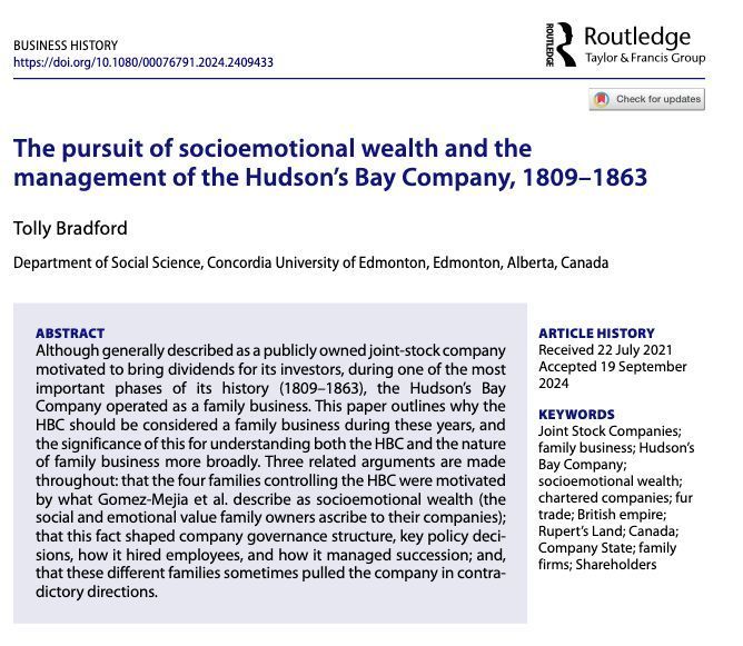 Do you need a #casestudy for your #bizhis course on #JointStockCompanies ❓ 

@Routledge_Econ #Research 
👇 👇 👇 
Tolly Bradford's The pursuit of socioemotional wealth and the management of the #HudsonBayCompany, 1809–1863
doi.org/10.1080/000767…