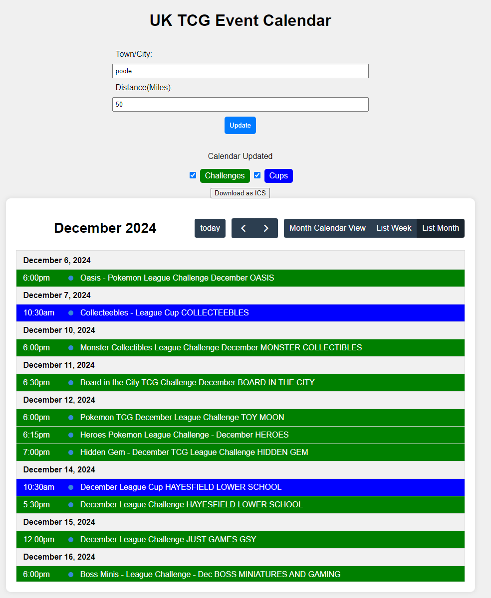 lewymd's tweet image. For anyone after an easy way to view local challenges/cups you can use my calendar/list view.

You can filter based on distance from a location and event type, also you can download an ICS to add events to your calendar

TCG : lewymd.com/TCGUKEvents/
VGC : lewymd.com/VGCUKEvents/