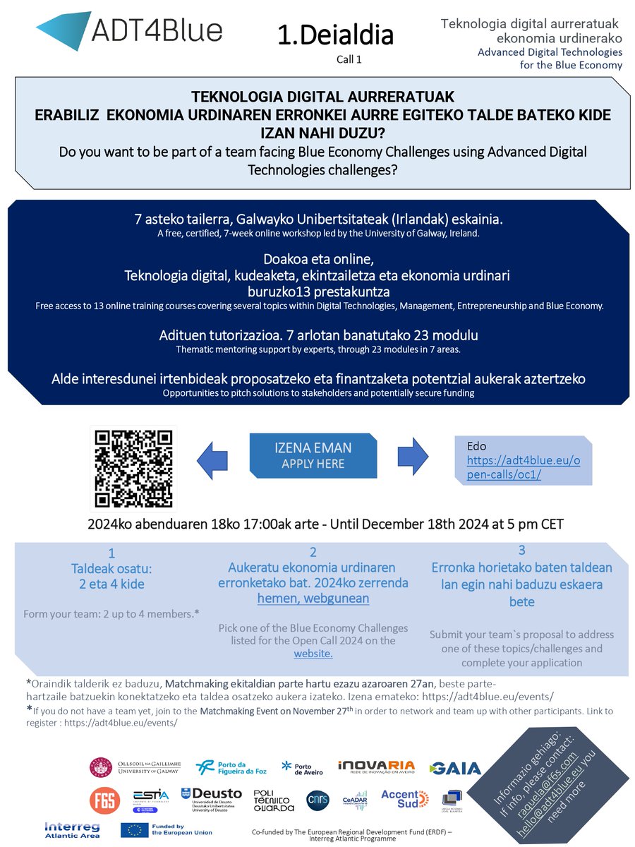 🌊 ADT4Blue: Teknologia digitalekin Ekonomia Urdinaren erronkei aurre egiteko aukera!
✅ Doako online tailerra
✅ Tutoretza + finantzaketa aukera
📅 Izena eman 2024/12/18 arte: adt4blue.eu
#EkonomiaUrdina #ADT4Blue