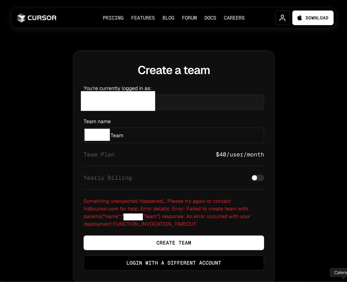 hi <a href="/cursor_ai/">Cursor</a> i'm trying to upgrade my account, but I get a timeout creating my team... any suggestion please? :)
