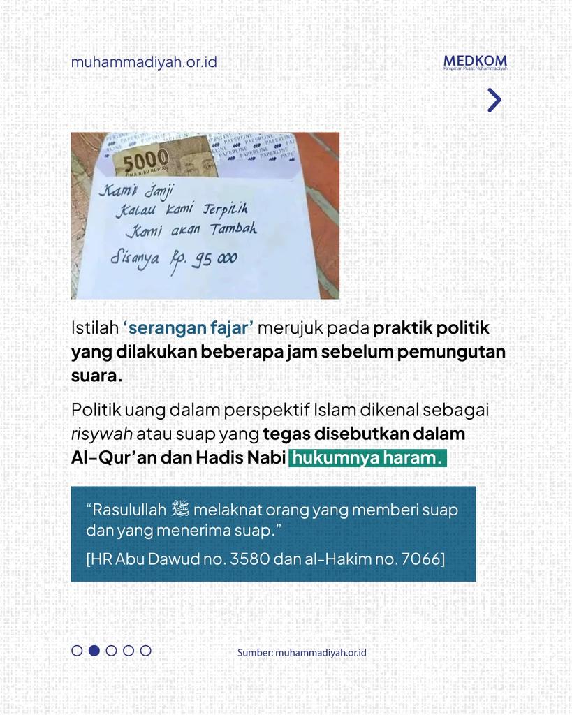 muhammadiyah's tweet photo. 1. Praktik risywah berpotensi besar menciptakan pemimpin yang tidak amanah.
Setuju tidak sobatMu?
#Muhammadiyah #Risywah #PolitikUAng #SeranganFajar https://t.co/ig9lGBEYpu