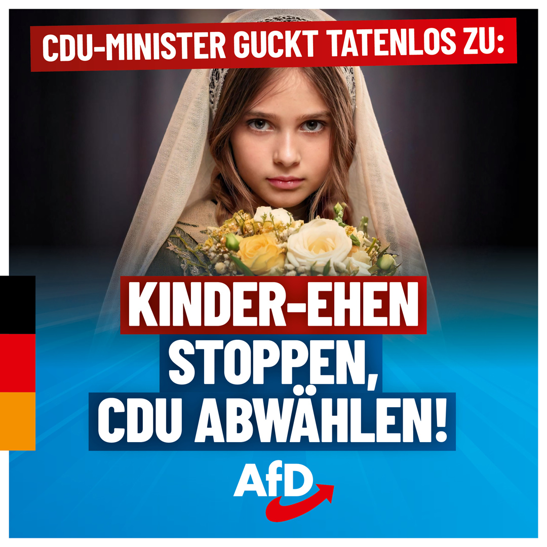 CDU-Minister guckt tatenlos zu: Kinder-Ehen stoppen, CDU abwählen!

Unter den Augen eines #CDU-Innenministers werden 13-jährige Kinder in einer Mannheimer Moschee ganz offen auf die Ehe vorbereitet. Nur die #AfD wird Kinderehen stoppen!

Mehr dazu:
afdkompakt.de/2024/11/26/cdu…