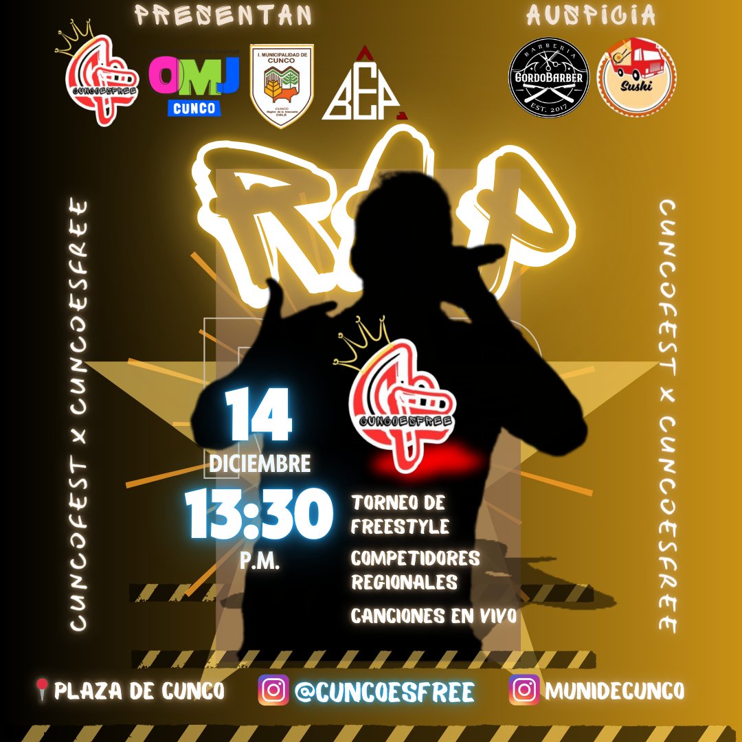 MunideCunco's tweet photo. #Freestyle #Torneo
🎤🔥 **¡TORNEO DE FREESTYLE EN CUNCO! 🔥🎤

14/Dic
13:30hrs
Plaza de Cunco

💥No te pierdas este evento único que promete hacer temblar el micrófono🎶

¡Únete a esta batalla épica! 🗣️🔥

#CuncoUnaMejorComuna
#FreestyleCunco #TalentoLocal #BatallaDeRimas https://t.co/TiOhmqz2Dr