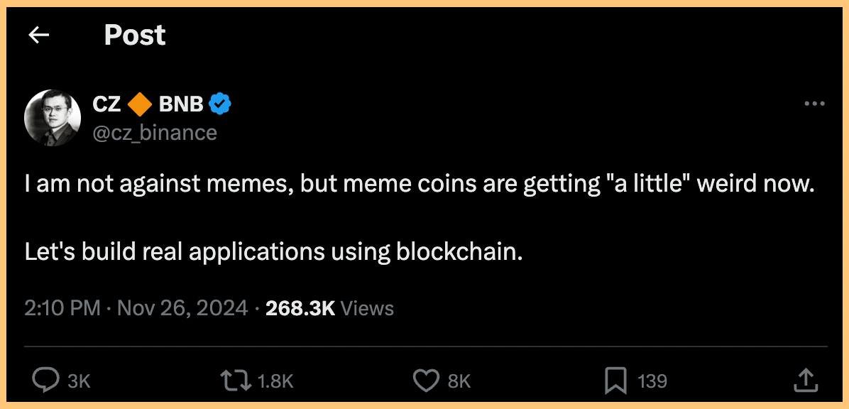helenlili99's tweet photo. CZ Speaks Out on Memecoins
CZ isn't against memecoins, but he thinks they're getting... "a little" weird.
"Let's build real applications using blockchain"
Are the "big sharks" starting to move to Techcoin🤔🤔🤔?
#memecoin #Techcoin #technology #Blockchain #CZ https://t.co/Ojhj1UiZrJ