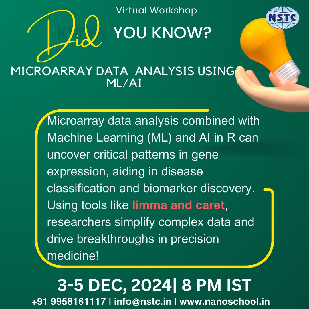 ITBreakCom's tweet image. 💡 Workshop on Analysis of Microarray Data Using AI/ML 💡
📅 Date: December 3-5, 2024
⏰ Time: 8:00 PM IST
🌐 Mode: Online
Register Now: nanoschool.in/enroll-me/?pid…
Know More: nanoschool.in/biotechnology/…
#BioinformaticsWorkshop #GenomicsWithAI