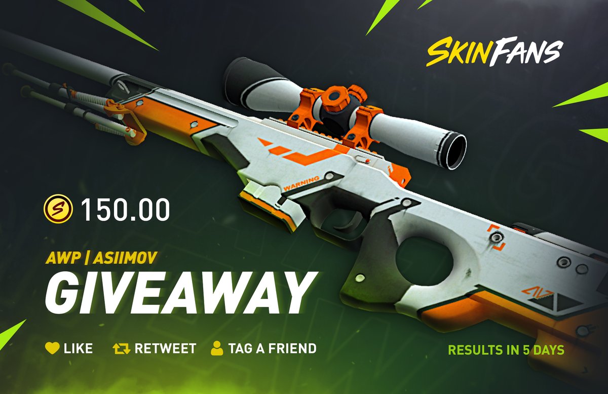SKINFANS AWP ASIIMOV CS SKIN GIVEAWAY! 🥳

- Follow <a href="/SKINFANS/">SKINFANS</a> 
- Retweet &amp; Like
- Tag a friend

Winner will be selected in 5 days! ⌛
