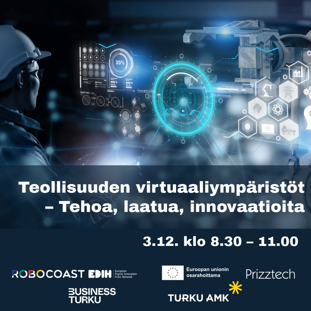 Tervetuloa inspiroitumaan ja kuulemaan, miten virtuaaliympäristöt tuovat tehokkuutta ja uusia innovaatioita teollisuuden toimintaan!

📢Ilmoittaudu: robocoast.eu/tapahtuma/teol…

Päivämäärä: 3.12.2024
Aika: klo 8:30–11:00
Paikka: EDU-City,  Turku
#virtuaali #teollisuus #robocoast