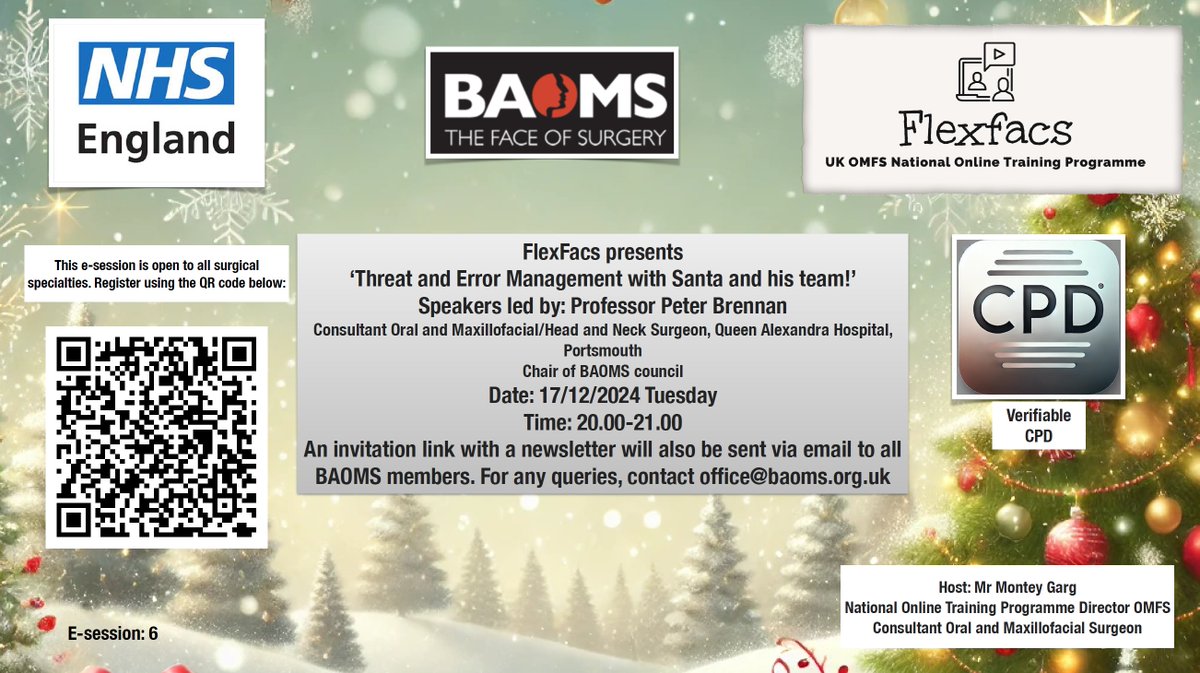 BAOMS (@baomsofficial) on Twitter photo <a href="/BrennanSurgeon/">Peter Brennan</a> is giving the next #Flexfacs session on #humanfactors. Don't miss it on 17/12 at 8pm. #OPEN to #EVERYONE. Spread the joy!
<a href="/BAOMSOfficial/">BAOMS</a> <a href="/jtg_baoms/">Junior Trainee Group - BAOMS</a> <a href="/FitOmfs/">OMFS FiT</a> #omfs #multidisciplinary <a href="/NHSEngland/">NHS England</a>
Thanks to <a href="/gargmont/">Montey Garg</a> for organising it. <a href="/BrennanSurgeon/">Peter Brennan</a> is giving the next #Flexfacs session on #humanfactors. Don't miss it on 17/12 at 8pm. #OPEN to #EVERYONE. Spread the joy!
<a href="/BAOMSOfficial/">BAOMS</a> <a href="/jtg_baoms/">Junior Trainee Group - BAOMS</a> <a href="/FitOmfs/">OMFS FiT</a> #omfs #multidisciplinary <a href="/NHSEngland/">NHS England</a>
Thanks to <a href="/gargmont/">Montey Garg</a> for organising it.