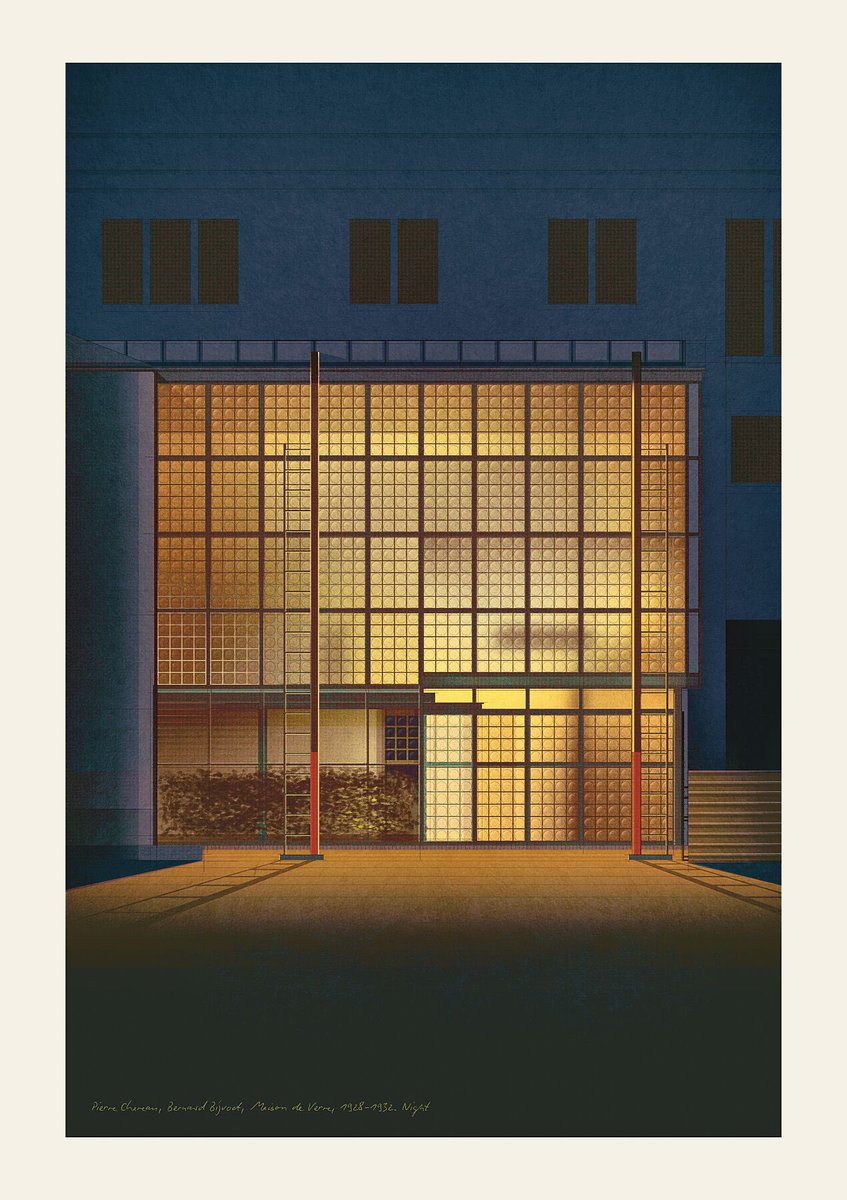 sanderpatelski's tweet photo. In 2021, I discovered La Maison de Verre in Paris. Its open interior and iconic glass block façade inspired my early drawing of the salon wall and staircase.
Now, 3 years later, I’ve revisited it with two new prints: the façade by day and glowing at night.
Limited editions drop Nov 28—newsletter subscribers get early access Nov 27.