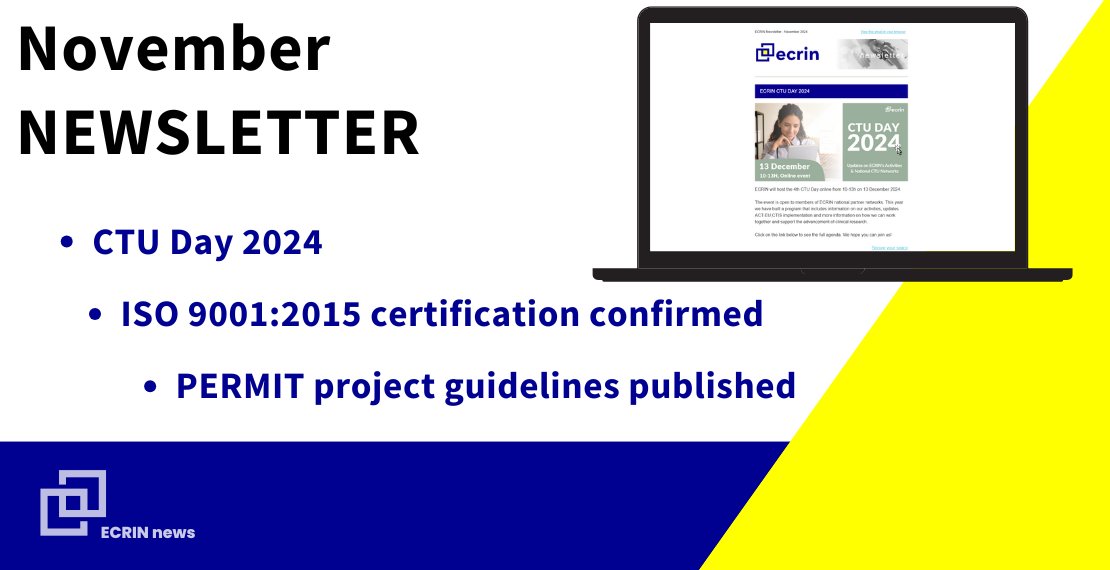 ECRIN_ERIC's tweet image. Our November #newsletter is out! 🗞️
Some highlights include:
💡 Final chance to register for our CTU Day
💡ISO 9001:2015 certification has been confirmed
💡The ERA4Health Call for Proposals EffecTrial 2025 is officially open
Check it out: mailchi.mp/ecrin/ecrin-ne…