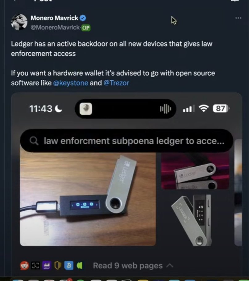 ❤️💛💚💙

⚠️ WARNING: Ledger hardware wallet now have a New Backdoor on new devices where they can share your Secret Password to Law enforcement.

Ledger are pencil neck cucks for this.

Do not buy new Ledger devices -- Time to use Trezor only