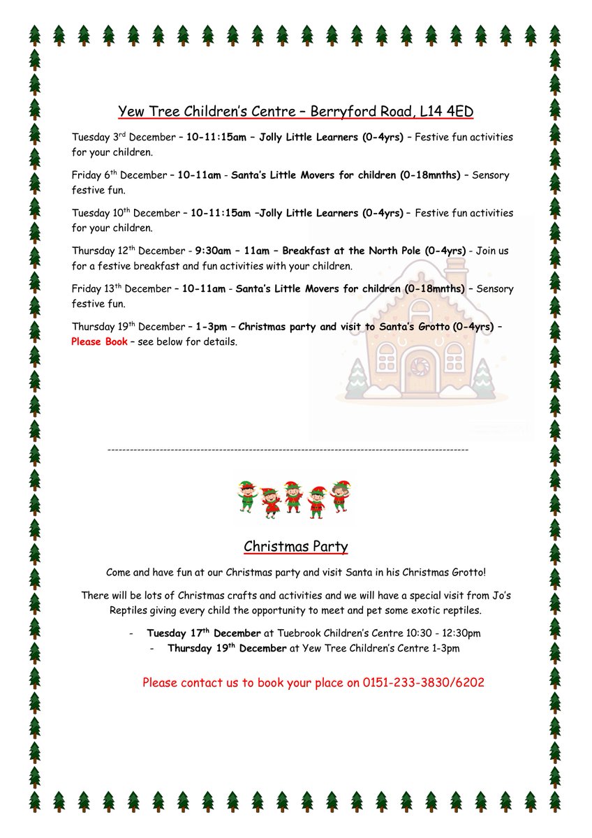 Our Christmas timetable is now LIVE! ⛄

Please call 0151 233 3830/6202 to book onto any of our fabulous festive activities 🎄