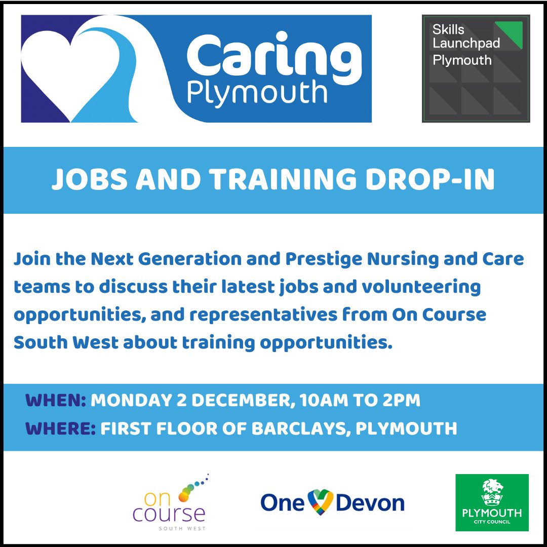 PlymLaunchpad's tweet photo. SAVE THE DATE 📣

👉 #CaringPlymouth Jobs and Training Drop-in
📆 Monday 2 December
🕔 10am to 2pm
📍 First floor, Barclays

Join representatives from #NextGeneration and #PrestigeHealthCare, as well as #OnCourseSouthWest to explore the latest opportunities.

#Skills4Plymouth https://t.co/cF9eHR7pyl