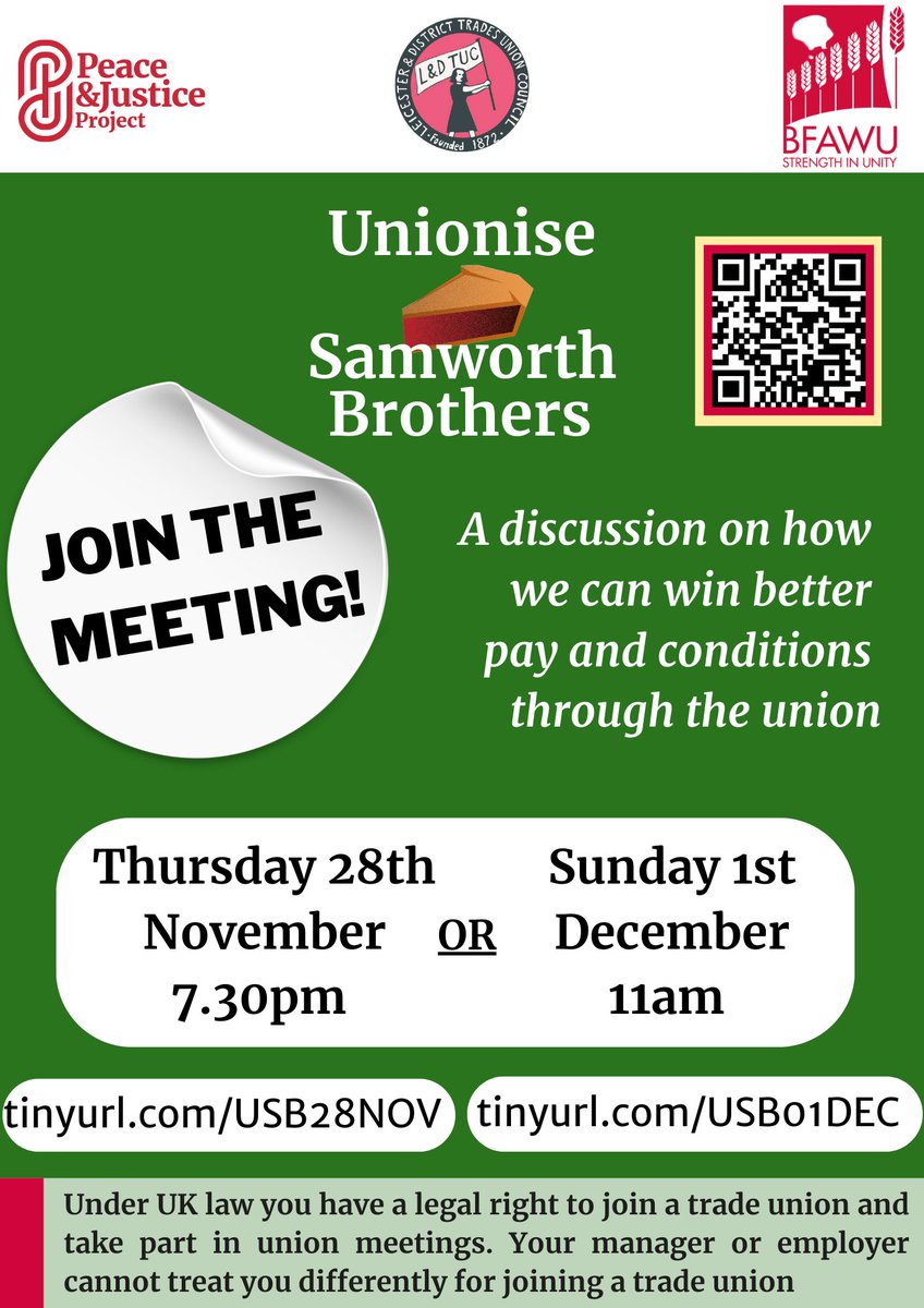 Work at Samworth Brothers❓

📲 Join our workers meetings this week to find out more about our campaign and how, together, we can win better pay and conditions through the union.

🤝 United we bargain, divided we beg.

<a href="/BFAWUOfficial/">BFAWU</a>