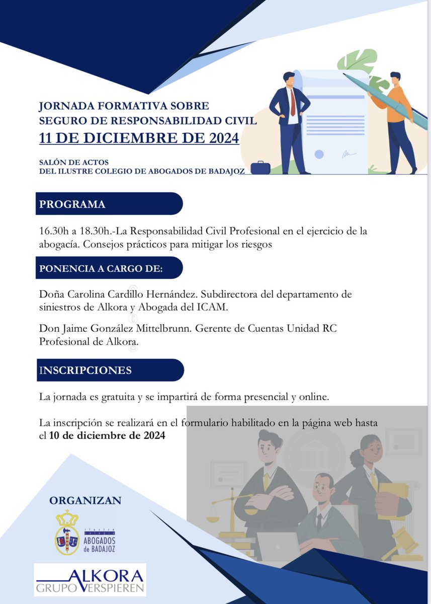 SEGURO DE RESPONSABILIDAD CIVIL. JORNADA FORMATIVA GRATUITA EN ICABA.  📆 11 de diciembre 📍Salón de actos ICABA 💼 presencial y 🖥️ on line. <a href="/icaba_tw/">ICA Badajoz</a> <a href="/AJABadajoz/">AJA Badajoz</a> <a href="/Abogacia_es/">Abogacía Española</a>