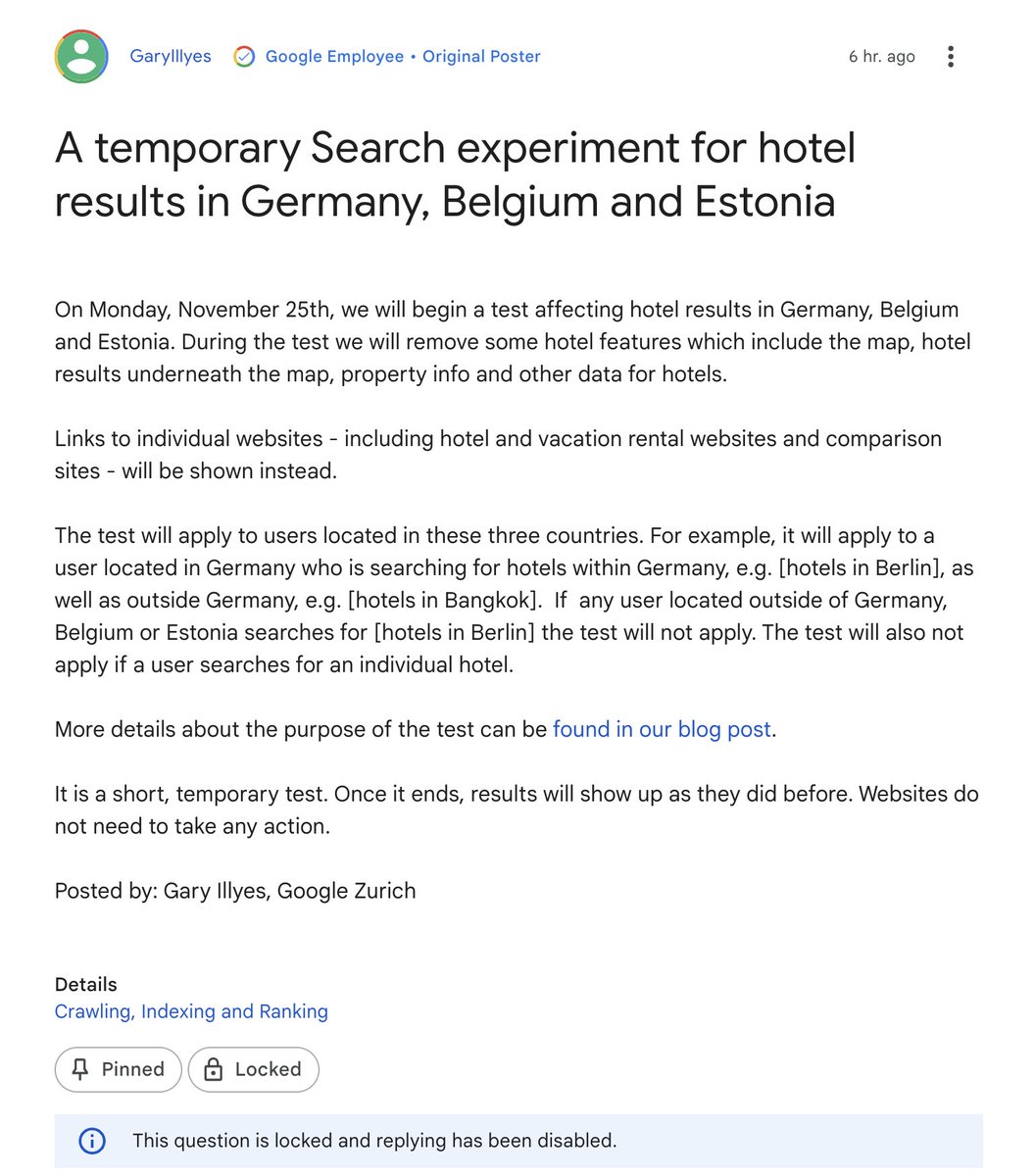 Google testing DMA changes in Europe where it is also removing map features for hotel listings and more seroundtable.com/google-dma-tes…  maybe this is some of what <a href="/Lluc_SEO/">Lluc B. Penycate Ⓐ</a> has been spotting?? and rare forum post from <a href="/methode/">Gary 鯨理／경리 Illyes (so official, trust me)</a>