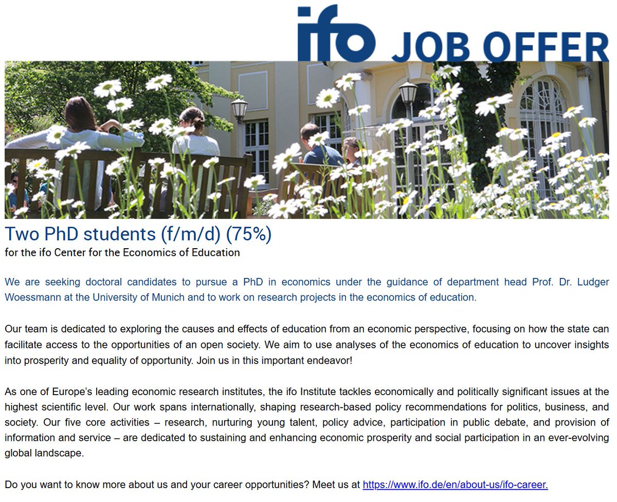 Ludger Woessmann (@woessmann) on Twitter photo 📢We are hiring📢
Interested in pursuing a PhD in the economics of education?
Join our team at the Center for the Economics of Education at <a href="/ifo_Institut/">ifo Institut</a> & the MGSE at <a href="/LMU_Muenchen/">Universität München</a> <a href="/ECONMunich/">Economics LMU Munich</a>
👉ifomue.pi-asp.de/bewerber-web/?…
Deadline: 15 Dec 2024
Please spread the word! 📢We are hiring📢
Interested in pursuing a PhD in the economics of education?
Join our team at the Center for the Economics of Education at <a href="/ifo_Institut/">ifo Institut</a> & the MGSE at <a href="/LMU_Muenchen/">Universität München</a> <a href="/ECONMunich/">Economics LMU Munich</a>
👉ifomue.pi-asp.de/bewerber-web/?…
Deadline: 15 Dec 2024
Please spread the word!