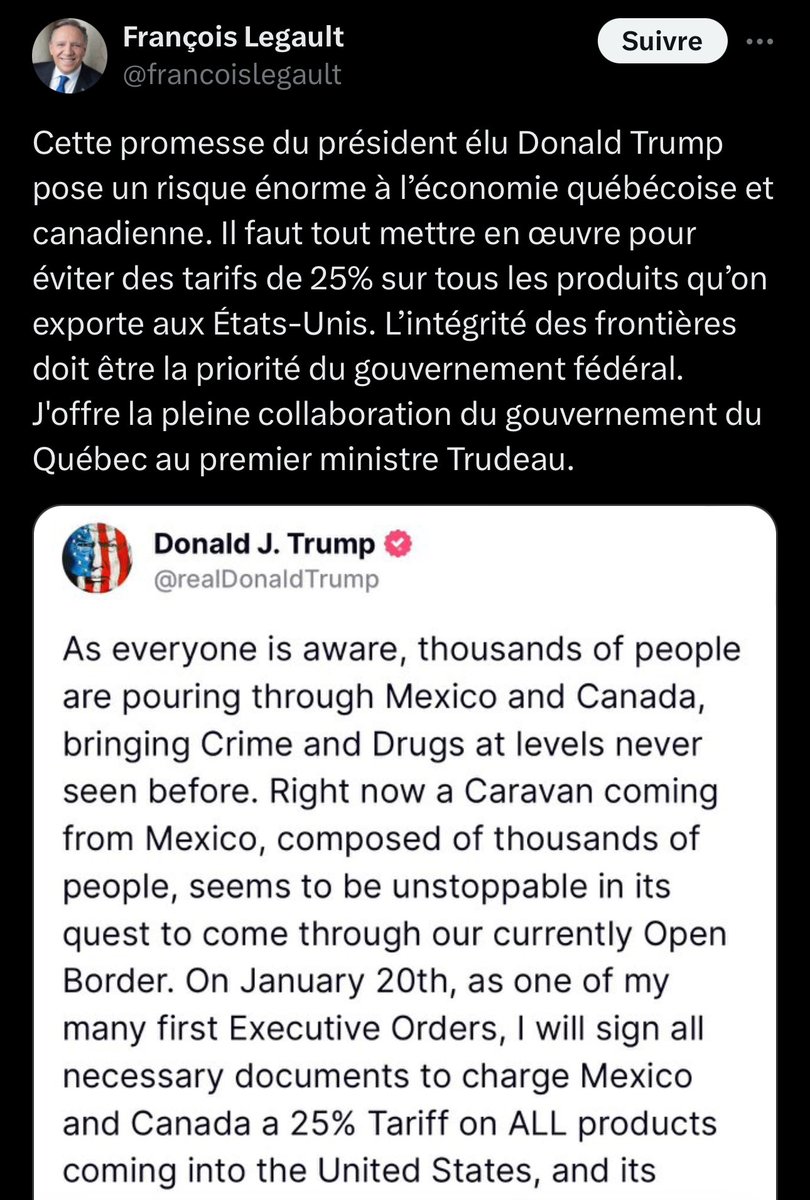 E_Duhaime's tweet image. François Legault écrit que Donald Trump représente un « risque énorme à l’économie québécoise ».

Qui a promis d’équilibrer le budget du Québec pour présenter le pire déficit de notre histoire?

Qui a promis de réduire le nombre de fonctionnaires de 5000 pour l’augmenter de…