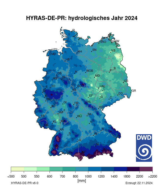 DWD_klima's tweet photo. Im hydrol. Jahr (Nov 2023-Okt 2024) fiel mit 1022 mm 30% mehr #Niederschlag als im Mittel 1991-2020; besonders auffällig war der Dezember 23 mit Hochwasserwellen &amp; großen Überflutungen in NI, TH, ST &amp; SN und der Mai 24 mit den Stark- und Dauerniederschlagen in Teilen von SL &amp; RP https://t.co/CqIr3Dz8CY