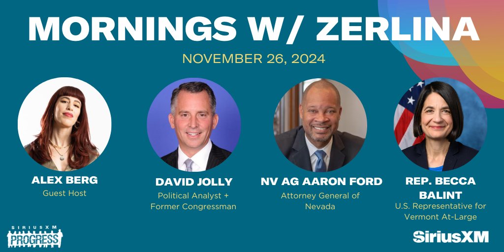 Tuesday tidings! Joining guest host <a href="/itsalexberg/">Alex Berg</a> on the show this morning: Political analyst &amp; former congressman David Jolly, <a href="/NevadaAG/">NV Attorney General</a> Aaron Ford, + <a href="/RepBeccaB/">Rep. Becca Balint</a> of Vermont!

☎️ 866-997-4748
📻 <a href="/SiriusXMProg/">SiriusXMProg.bsky.social</a> Ch. 127
siriusxm.us/Zerlina