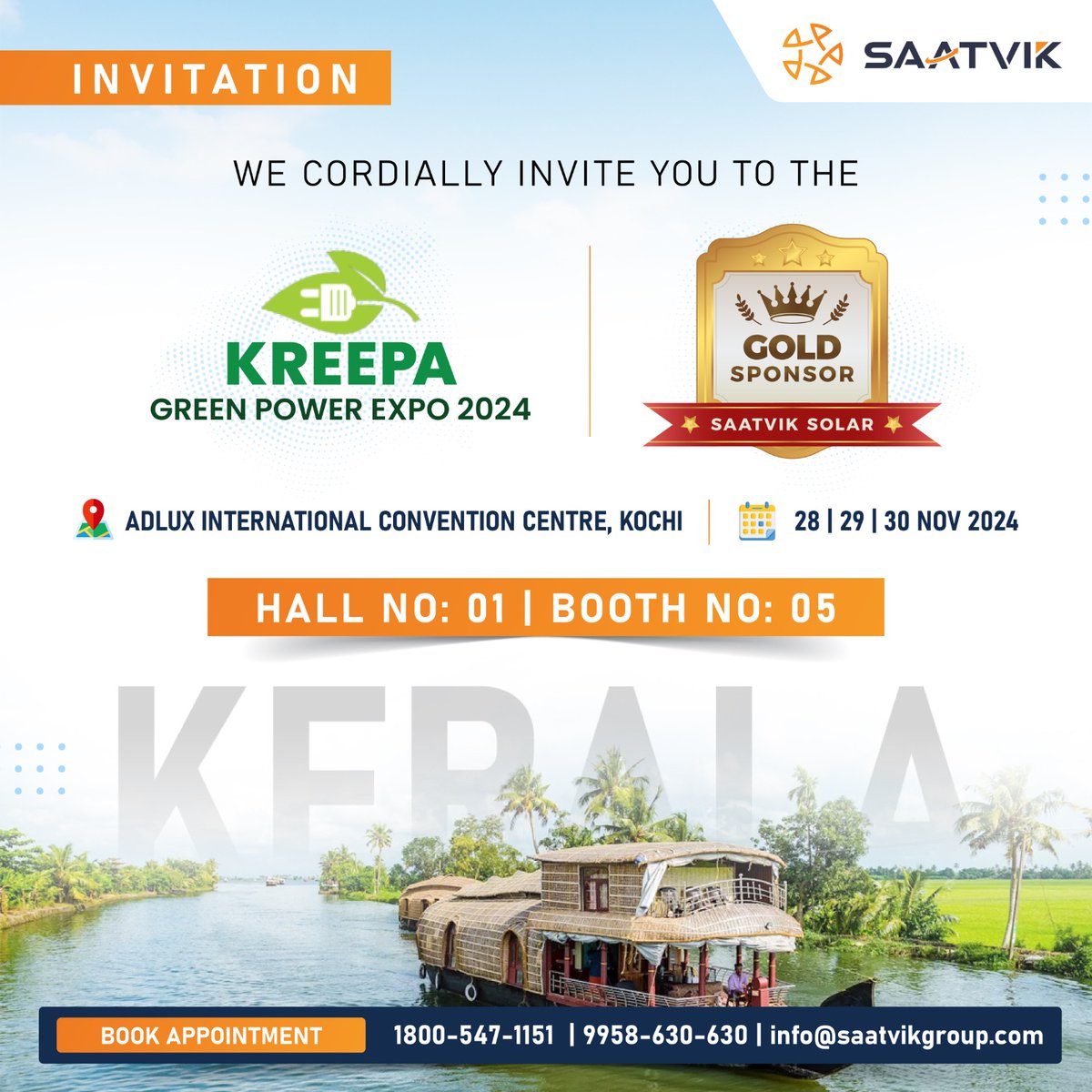 Saatvik Solar at Kreepa Green Power Expo 2024!
We are thrilled to announce that Saatvik Solar is proudly participating as a Gold Sponsor at the Kreepa Green Power Expo 2024 in Kochi, Kerala!
#expo #participation #visitus #technology #renewableenergy #sustainability #solarenergy