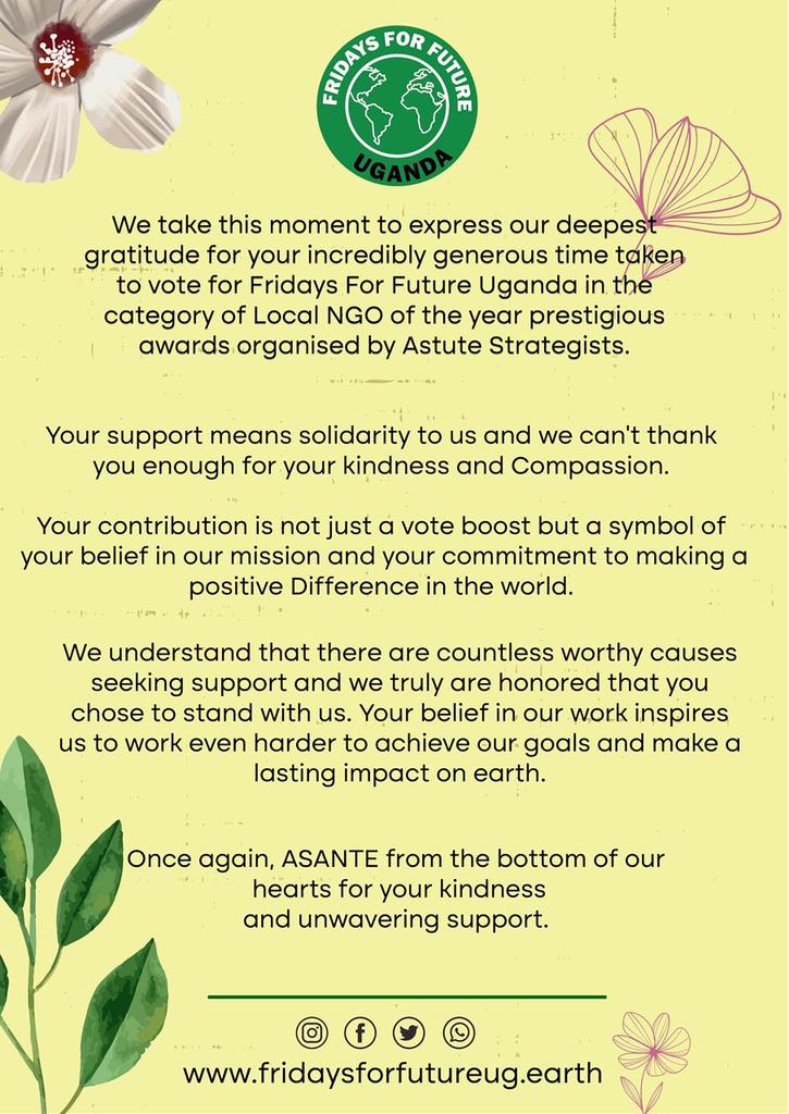 Fridays4FutureU's tweet photo. We take this moment to express our deepest gratitude for your incredibly generous time taken to vote for Fridays For Future Uganda under the Local NGO of the year category in the social enterprise awards organised by Astute Strategists. #SocialEnterpriseAwards2024 https://t.co/nSt6PGplOF