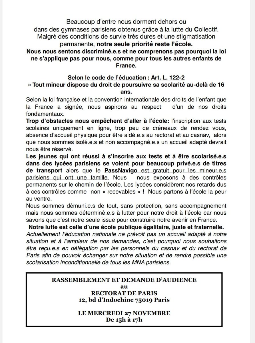 📣 Logement, École, Papiers, Santé, POUR TOUTES ET TOUS !
🔴 Mercredi 27 novembre : Rassemblement devant le rectorat de Paris appelé par les mineur·e·s isolé·e·s en lutte soutenu par les syndicats de l'éducation !

FAITES CIRCULER, VENEZ NOMBREUSES ET NOMBREUX !