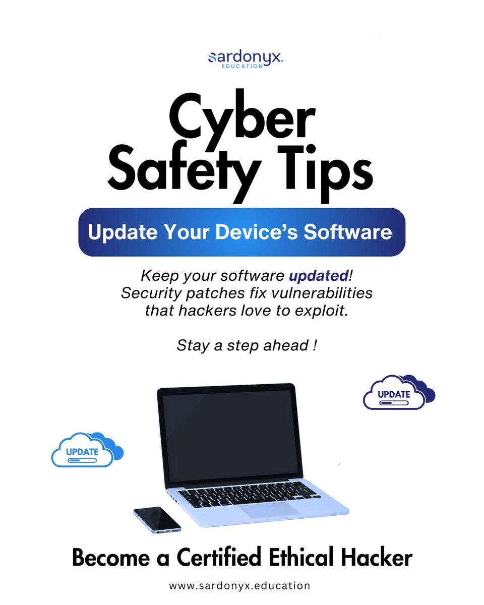 SardonyxEdu's tweet image. 🚨 Stay Cyber Safe! 🚨

Keeping your device updated isn’t just about new features—it’s your first line of defense against hackers. 🔒✨

Update your software regularly to patch vulnerabilities and stay protected.

#CyberSafety #StayUpdated #SecureYourTech