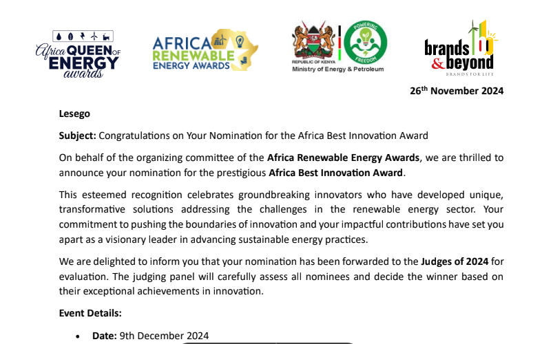 LesegoFuturist's tweet photo. We are nominated for Africa Renewable Energy Awards 2024 🏆 https://t.co/INn5mIz9qX