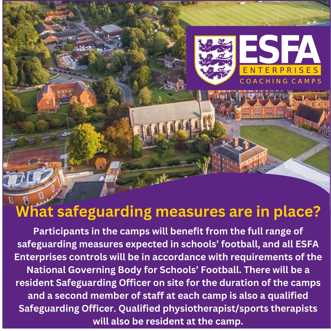 📣 Let's talk about safeguarding

The greatest priority at our coaching camps is to ensure the safety and wellbeing of the young people that attend

For more information, visit esfaenterprises.com 

🟣🟡⚪  #getready #football #schoolsfootball #schoolholidays #summercamp