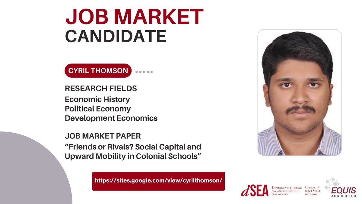 dSEA Unipd (@dsea_unipd) on Twitter photo Our PhD candidate <a href="/cyril_thomson/">Cyril Thomson</a> is on the #EconJobMarket this year!
Cyril’s research spans economic history, political economy, and development economics.
Learn more about Cyril’s profile and research here:
sites.google.com/view/cyrilthom… Our PhD candidate <a href="/cyril_thomson/">Cyril Thomson</a> is on the #EconJobMarket this year!
Cyril’s research spans economic history, political economy, and development economics.
Learn more about Cyril’s profile and research here:
sites.google.com/view/cyrilthom…