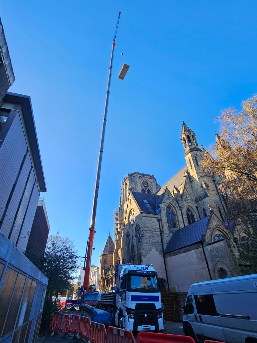 A slightly unusual one last week - new pre-cast concrete beams were lifted by crane up to the tower roof at Holy Name Church, Manchester, as fabric repair works continue to progress | <a href="/sjholyname/">Holy Name </a> <a href="/matherellisltd/">Mather and Ellis Ltd</a>  #GradeIListed #Conservation #FabricRepairs