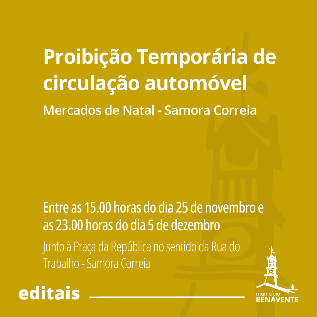 BenaventeCamara's tweet image. ⚠️ Edital - Proibição temporária de circulação automóvel/ Mercados de Natal - Samora Correia
👉 Veja o edital em bit.ly/proibição-merc…
-
#proibição #circulação #automóvel #mercadosnatal #trânsito #municipiodebenavente #benavente #samoracorreia #santoestevao #barrosa