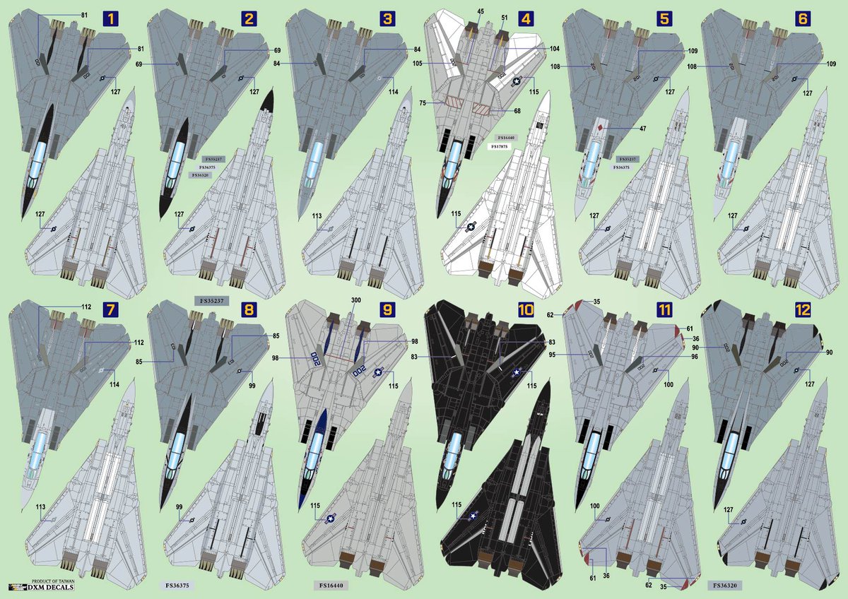 DecalsDxm's tweet photo. [Available Now] 
【出荷完了】
1/144 USN F-14A/B/D Tomcat VF-2/14/31/32/102/103/NSAWC collection decals set, available for 12 schemes.
#144scales #F14 #12schemes #Tomcat #DXMDecals