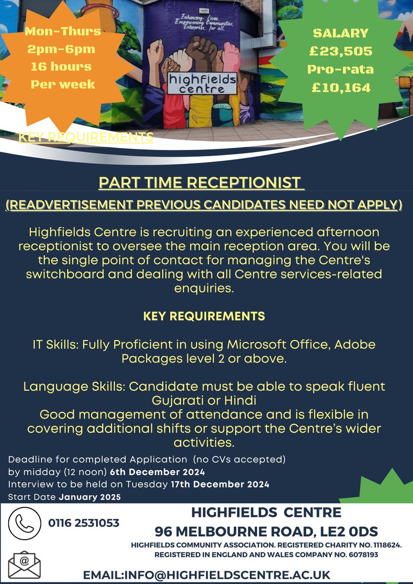 H_fieldsCentre's tweet image. #We_Are_Hiring! #ReAdvertisement Join
@H_fieldsCentre
as p/t RECEPTIONIST. Further details, including an application pack, available from office@highfieldscentre.ac.uk – closing date is 12 noon on Fri 6th Dec 2024 &amp;amp; Interviews will be on Tues 17th Dec 2024 - nb. No CV's accepted.