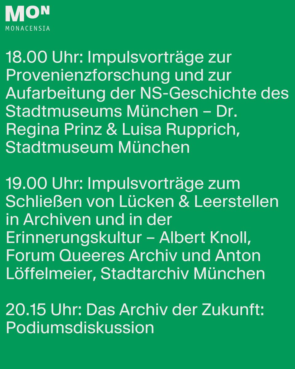 📚 100 Jahre Literaturarchiv Monacensia – Symposium zu Institutionsgeschichten &amp; Zukunft von Archiven.

🗓️ 30.11.2024, 16:00–21:30
📍 Monacensia im Hildebrandhaus, München
🎟️ Eintritt frei

Details &amp; Programm: muenchner-stadtbibliothek.de/veranstaltunge…

#Erinnerungskultur #München #Archive