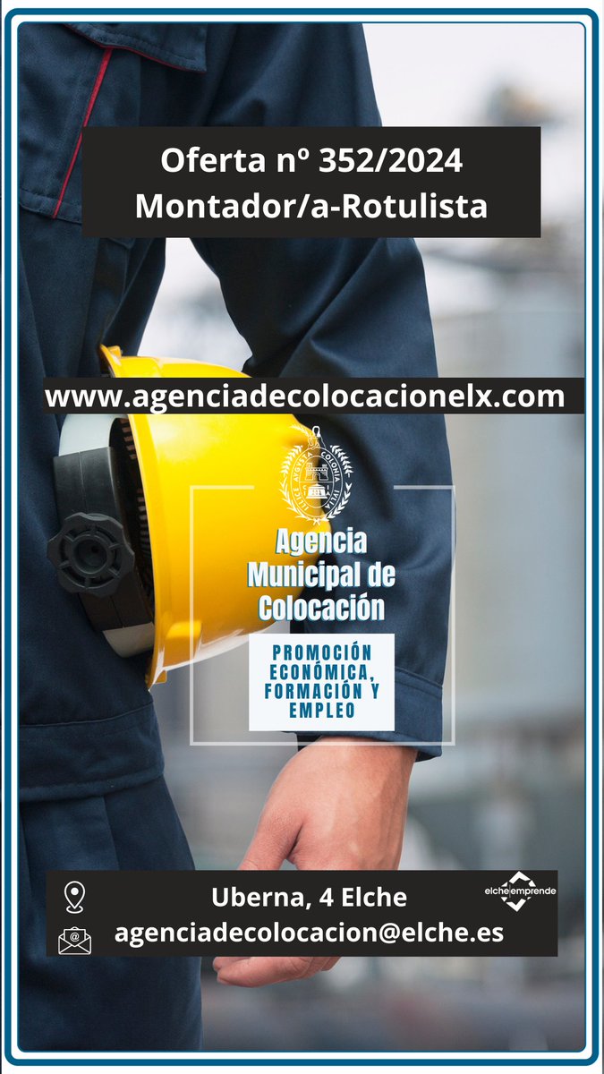🌟💼 En la Agencia Municipal de Colocación Ayuntamiento de Elche 
✔Nueva oferta empleo nº 352/2024 Montador/a-Rotulista
📥 Se requiere: Carné B 
💥 Inscríbete 👉 agenciadecolocacionelx.com
📌 ¡No dejes pasar esta oportunidad!
#Elche #ElcheEmprende #Empleo